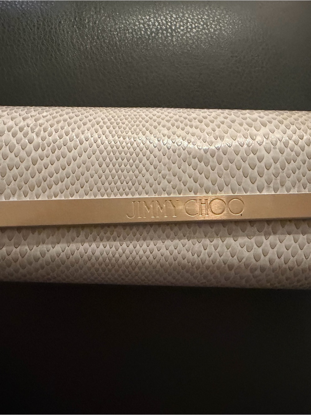 Jimmy Choo Cream Snake-Embossed Sunglasses Casewith Gold Logo Bar